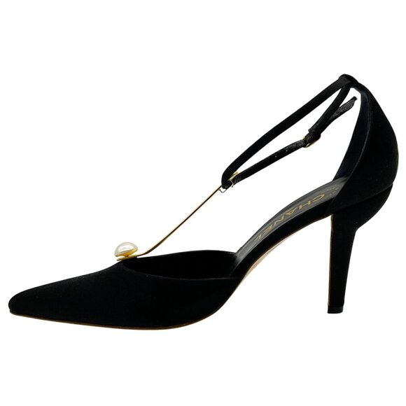 Chanel Vintage Black Satin Gold T Strap Pumps with Pearl - Picture 3 of 6